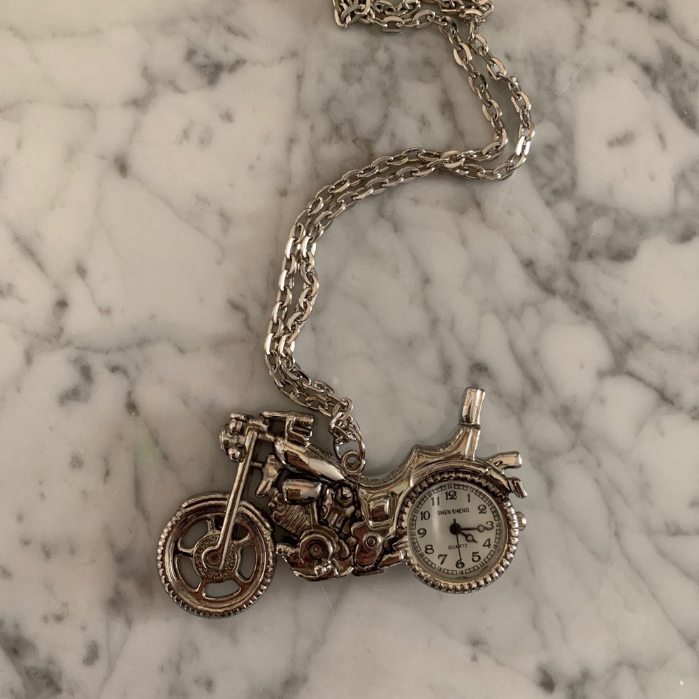 Silver Motorcycle Clock Necklace